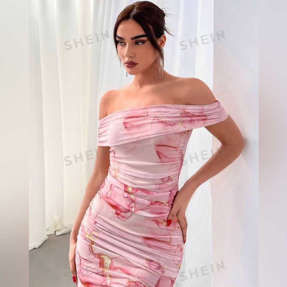 Off Shoulder Wedding guest Dress Pink Marble